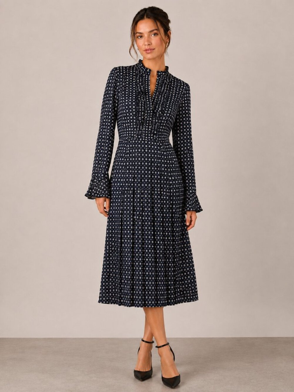 Massimo Dutti Navy Blue Patterned Long Sleeve Midi Dress